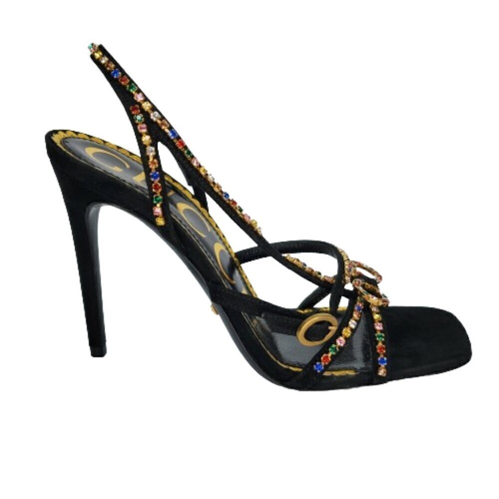 Gucci Black Satin Multicolor Crystal Slingback Heels